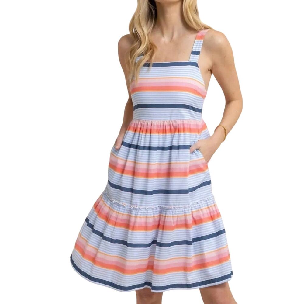 Southern Tide Multicolor Stripe Smocked Back Tiered Midi Dress Size M Pockets
